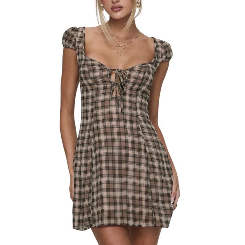Princess Polly NWT Alora Plaid Puff Slv Tie Front Coquette Mini Dress Sz 4